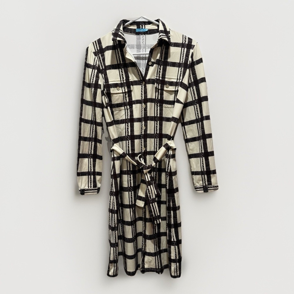 J. McLaughlin Catalina Cloth Stretch Knit Plaid Cream Brown Long Sleeve Dress XS